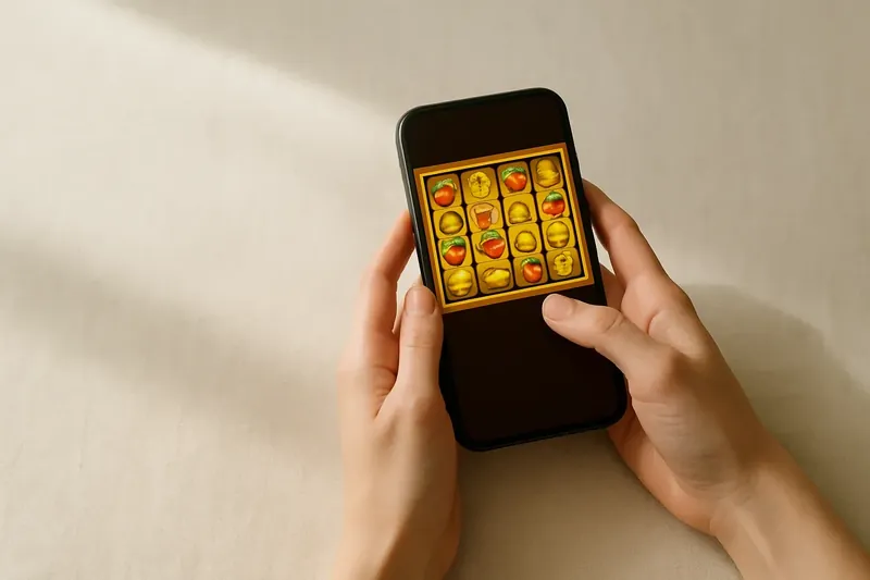 Woman's hands holding smartphone with bright casino game over cream linen
