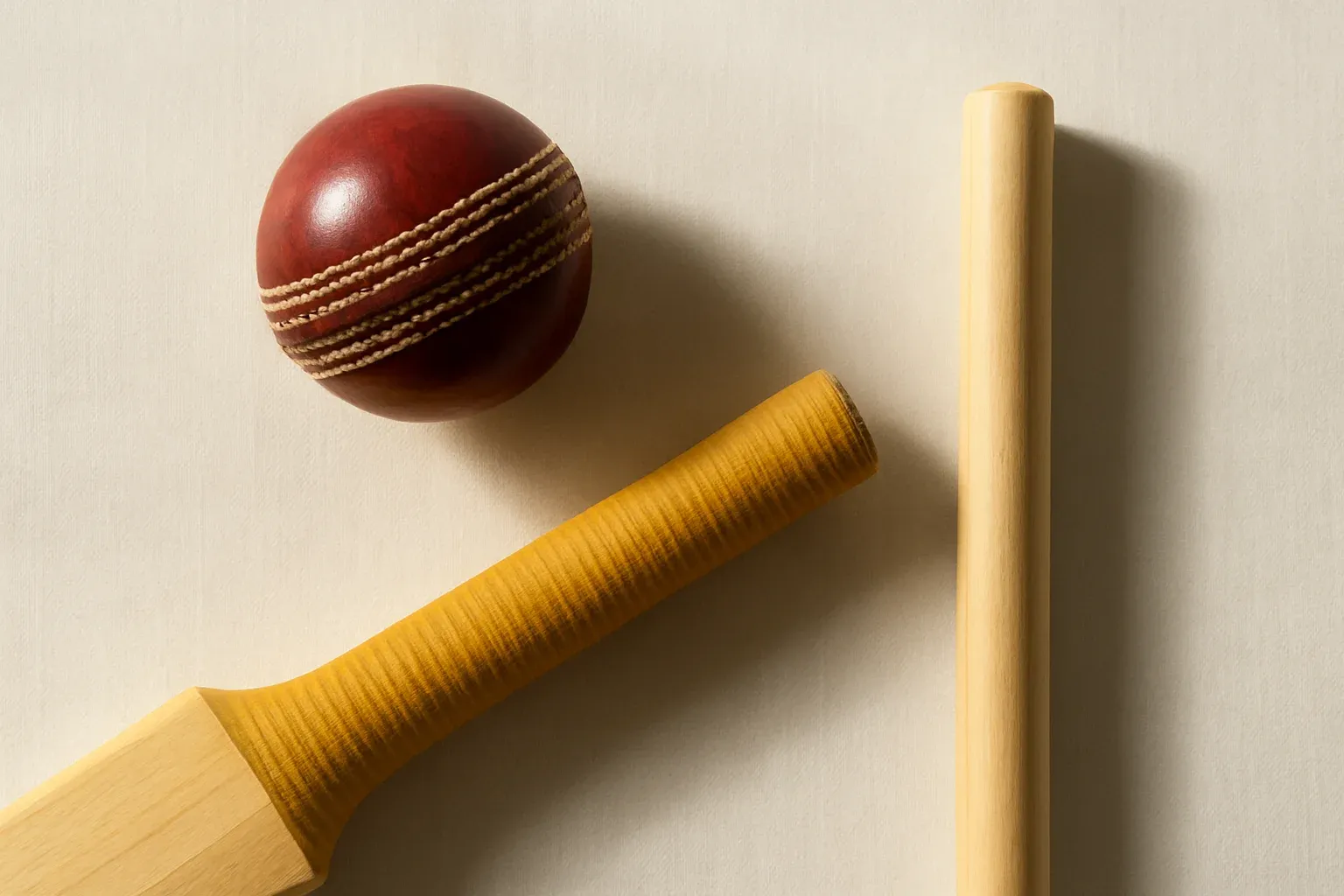 Overhead flat lay of cricket ball, bat handle and stump