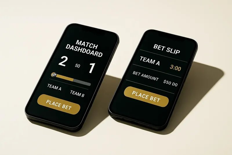 Two smartphones showing match dashboard and bet slip on cream surface