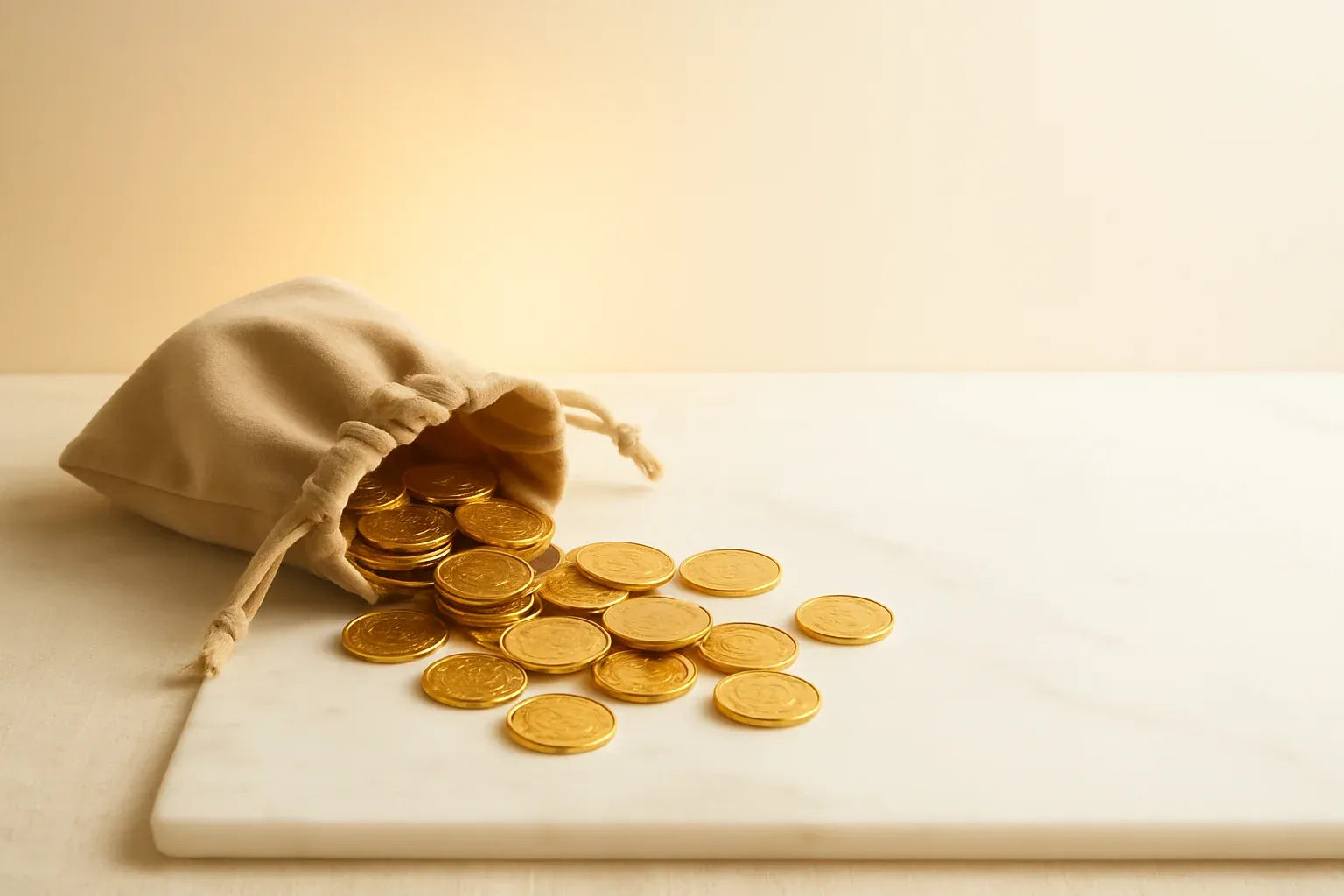 Golden coins spilling from velvet pouch on white marble surface