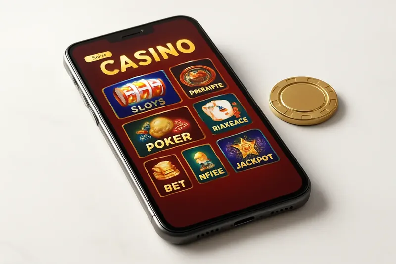 Smartphone on white marble showing colorful casino game lobby with gold chip