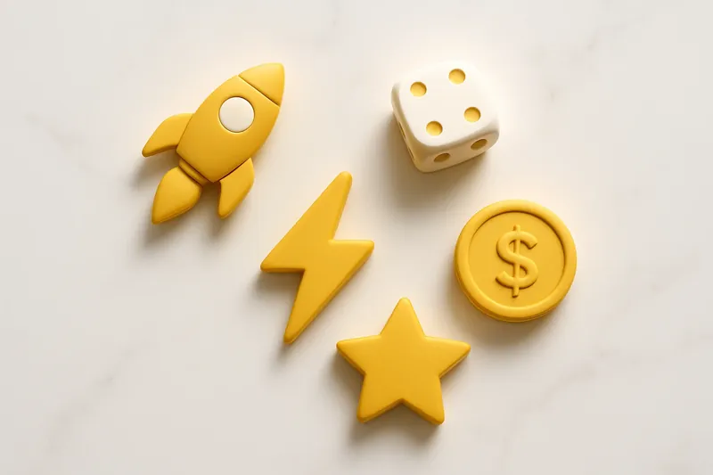 Five 3D instant game symbols on white marble flat lay
