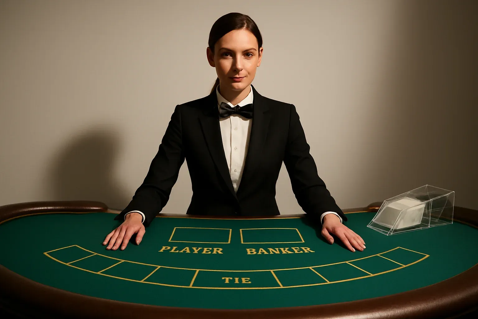 Professional female dealer at elegant live baccarat table in casino
