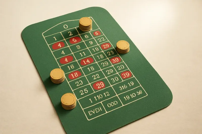 Top-down roulette table layout with gold chip stacks on green felt