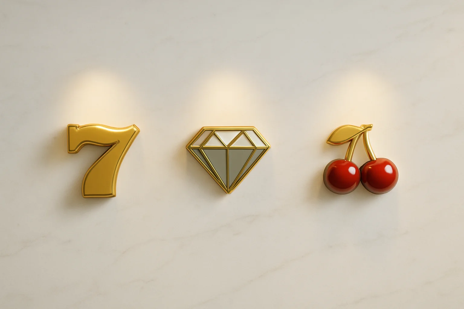 Three polished slot symbols on white marble with warm spotlights