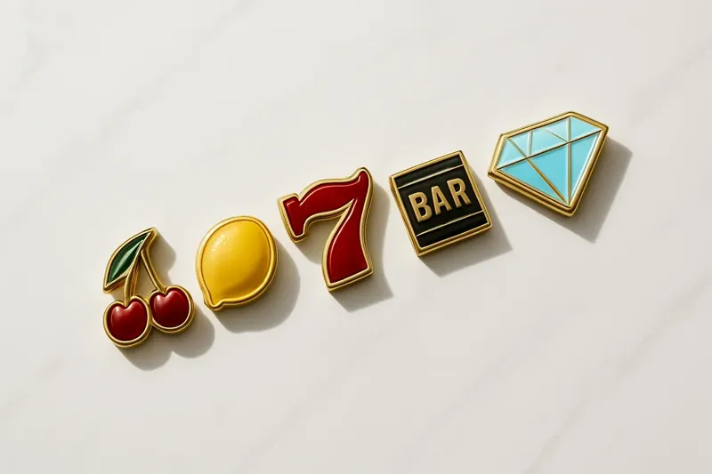 Five polished slot symbols in a neat row on white marble